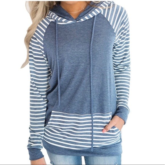 Tops - SOLD * Stripe Pullover Long Sleeve Hoodie Sweatshirt with Pockets